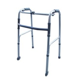 Andador plegable, regulable en altura con 2 puntas y 2 ruedas fijas.