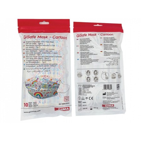 Gisafe mascherina chirurgica filtrante 98% 3 veli tipo iir con elastici - adulti - cartoon - flowpack - conf 10 pz.