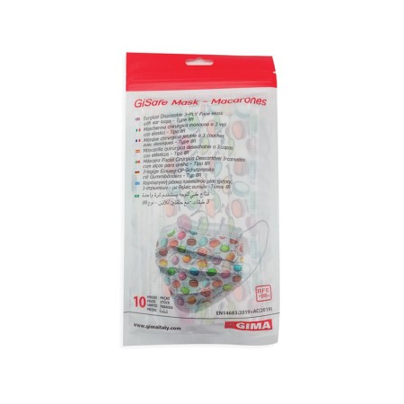 Gisafe mascherina chirurgica filtrante 98% 3 veli tipo iir con elastici - adulti - macarones - flowpack - conf. 10 pz.