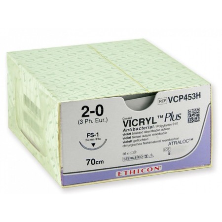 Sutura assorbibile in 56-70 giorni ethicon vicryl plus vcp453h - 2/0 ago 24 mm - confez. da 1 sutura