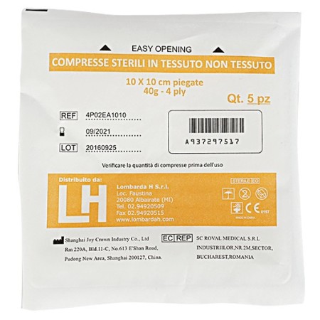 Compresse in tnt sterili 10 x 10 cm, busta con 5 compresse piegate in 4