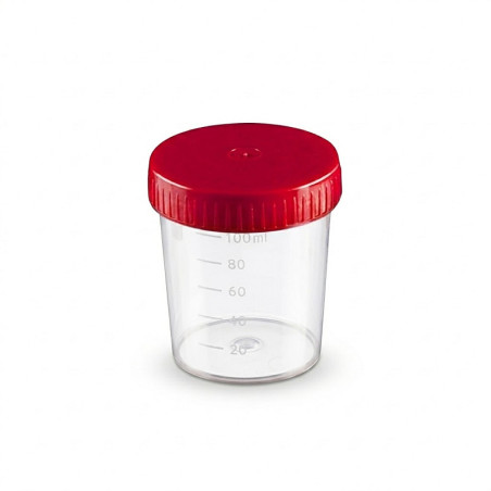 Contenitore per urina 120 ml polipropilene trasparente con tappo a vite rosso inserito - conf. 300 pz.